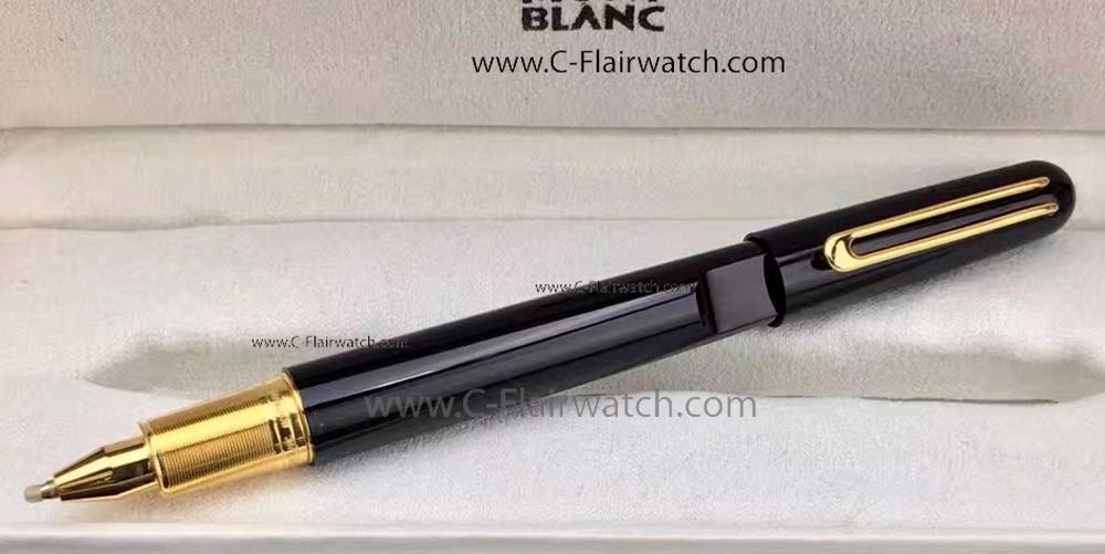 Copy Montblanc M Rollerball Pen:Black Resin Yellow Gold Clip